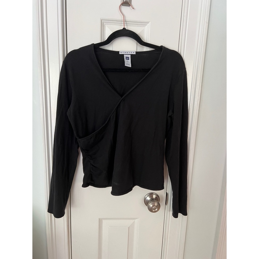 Gap Stretch Women Black Wrap V-Neck Long Sleeve Ruched Top Large